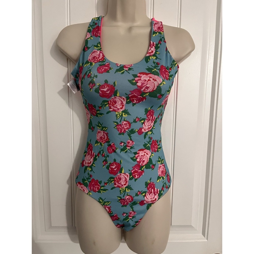 Betsey‎ Johnson Capezio Strappy Bodysuit Reversible leotard Blue Pink Small
